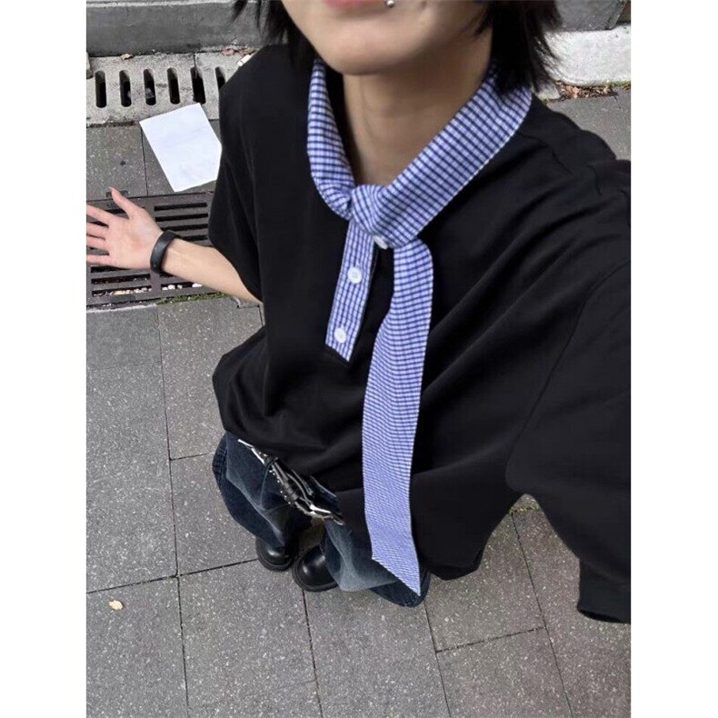 现货自制260克双纱「航海系」领口拼接设计感短袖t恤女夏季情侣,男装T恤,星座910A