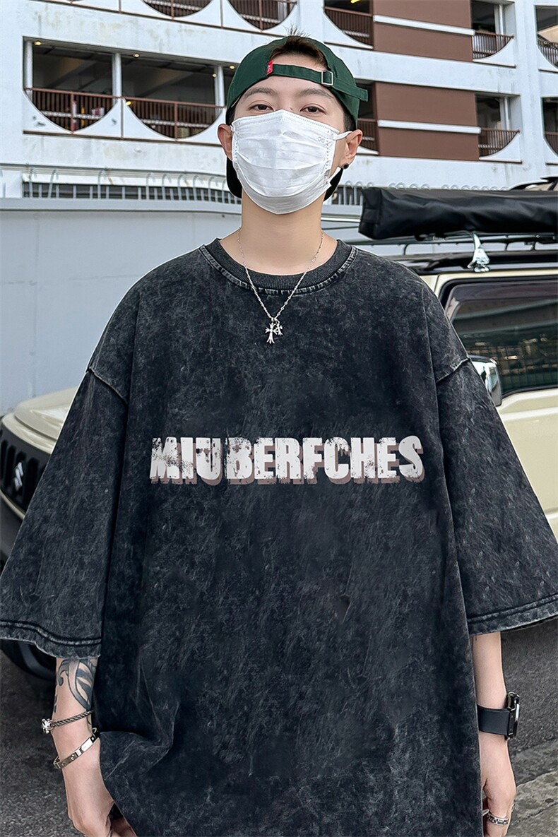 B239-1132-P38美式字母印花复古水洗做旧落肩袖短袖T恤上衣,男装T恤,星座514-2(原B239)