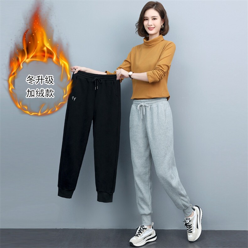 新款秋冬春时尚休闲裤女牛津松紧带小脚长裤女加厚加绒刺绣卫裤图片