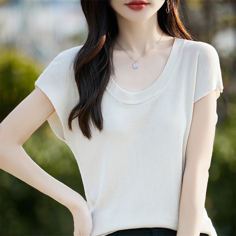 2025夏季新款纯欲U领针织衫短袖T恤女气质显瘦落肩轻薄打底衫上衣，女装T恤，斯美雅电商供货