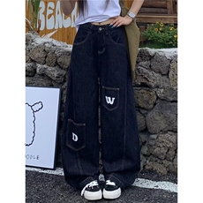 美式复古原色口袋字母弯刀牛仔裤男女款多口袋宽松休闲垂感阔腿裤，男装牛仔裤，星座813-3