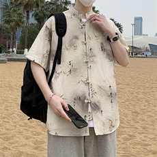 新中式风盘扣花纹短袖衬衫男士夏季复古唐装衬衣潮7007P40，男装衬衫，电商A056