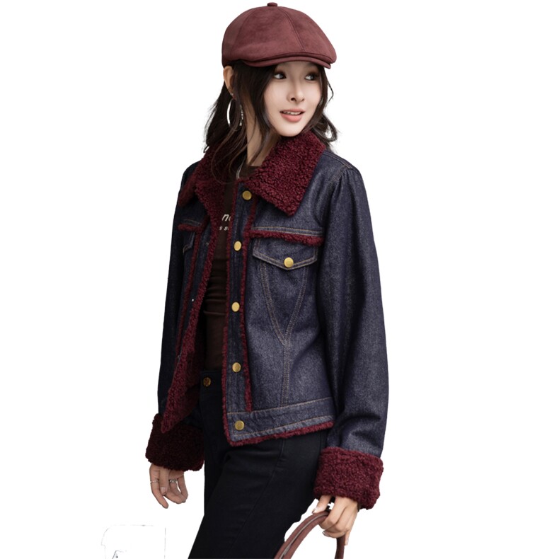 现货复古羊羔毛棉衣外套女2024冬新款韩版时髦加绒加厚牛仔棉服,女装牛仔外套,美拉德工厂直营店
