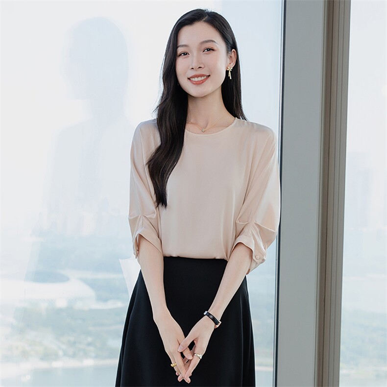 真丝上衣女中袖丝绸真丝t恤衫五分袖圆领妈妈宽松大码短袖小衫,女装衬衫,阿舍尔精品