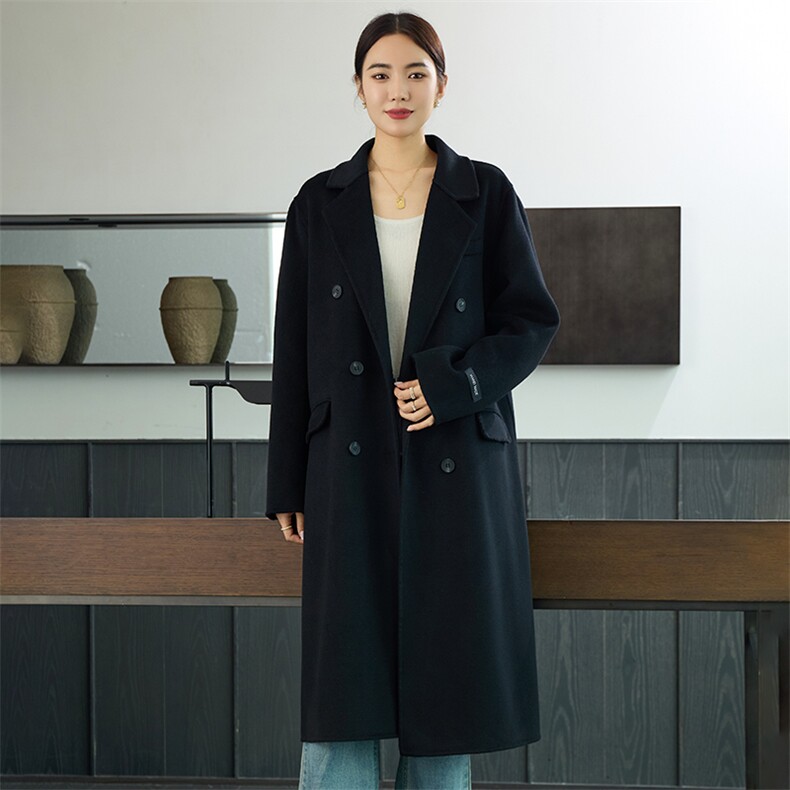时尚百搭羊毛女士双面呢大衣优雅显瘦长款外套单品,女装双面呢大衣,岳达羊绒
