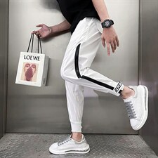 夏季薄款休闲裤男2022魔术贴束脚裤潮流修身拉链九分裤潮牌哈伦裤图片