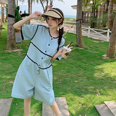 韩版时尚设计感牛仔连体裤女2025夏季新款法式宽松显瘦阔腿短裤子，女装连体裤，秋水欣儿