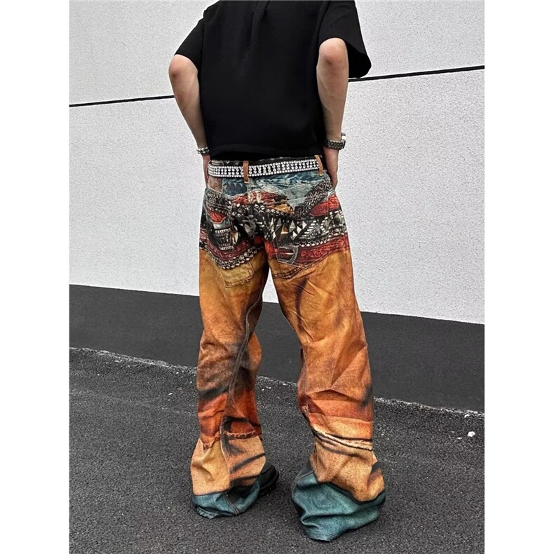 重工刺绣复古蓝牛仔阔腿裤高腰显瘦休闲裤轻奢绣花时尚直筒裤子,男装牛仔裤,星座506A
