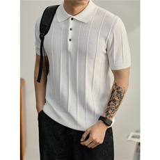 橄榄绿轻熟风修身针织Polo衫男夏季精梳棉竖条纹短袖保罗衫，男装T恤，星座1210-1