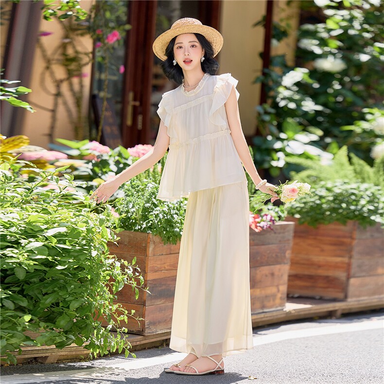 超仙时尚雪纺无袖木耳边套装女2026夏新款半透减龄阔腿裙裤两件套,女装套装/套裙,水衣源