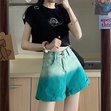 渐变色牛仔短裤女夏季薄款高腰显瘦直筒阔腿裤宽松热裤裤子ins潮，男装牛仔裤，星座506A
