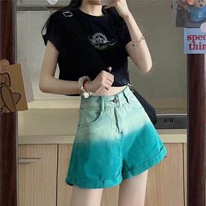 渐变色牛仔短裤女夏季薄款高腰显瘦直筒阔腿裤宽松热裤裤子ins潮图片