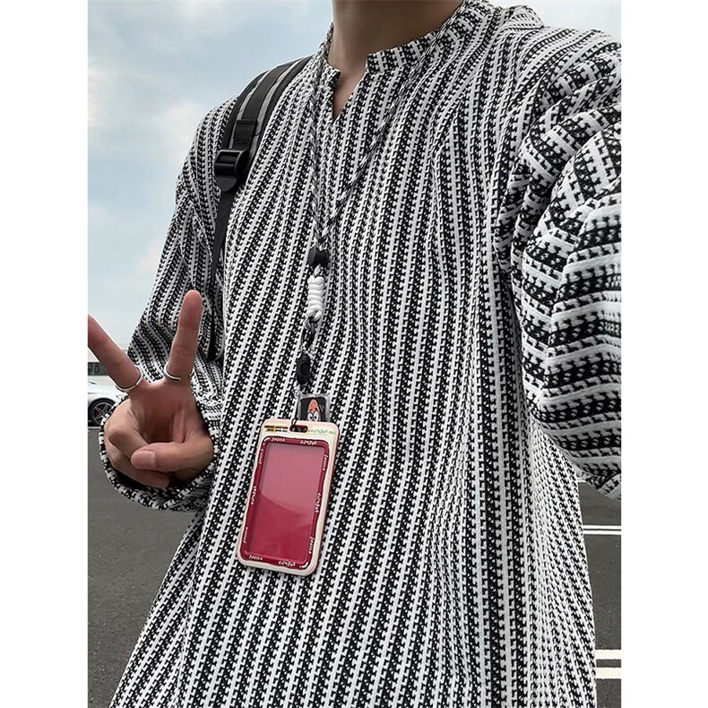 美式高街千鸟格子长袖T恤男女亨利V领英伦雅痞休闲宽松长袖打底衫,男装T恤,电商A443