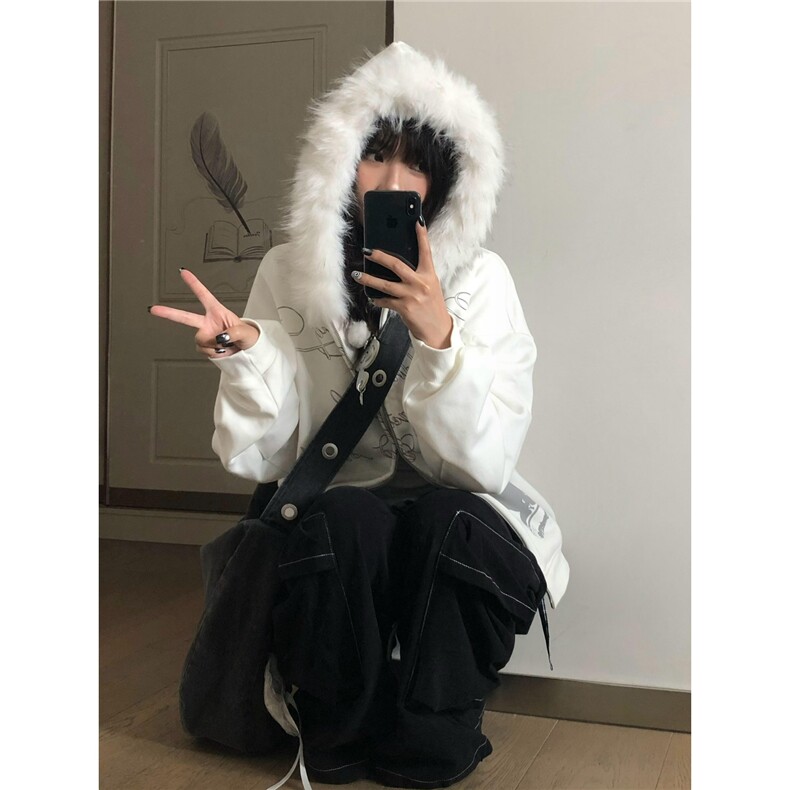现货DA261-批65美式复古白色毛领连帽卫衣男女秋冬新款,男装卫衣,星座603-2