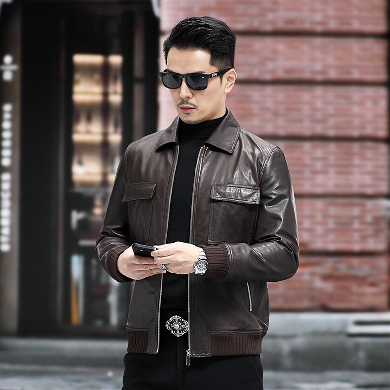 秋冬新款海宁皮衣男绵羊皮外套植鞣皮衣韩版机车夹克P720，男装皮衣，电商B360