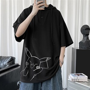 LD54193-P45 连帽短袖t恤男大码胖子带帽五分袖中袖图片
