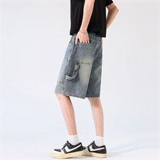 新款美式工装牛仔裤夏季宽松中裤水洗休闲中裤XZ201-K509P45，男装牛仔裤，星座201