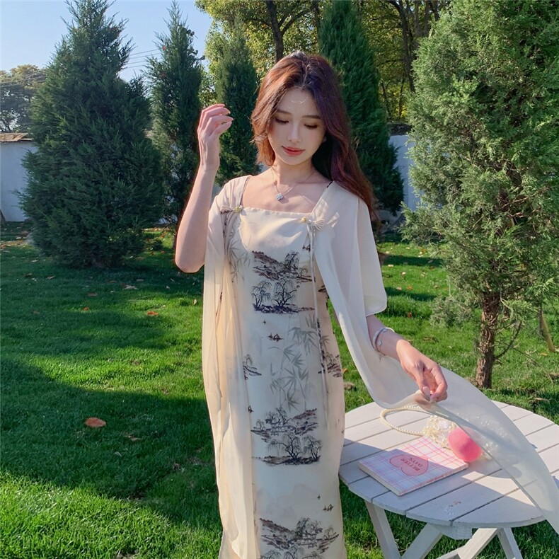 新款2025年夏季新中式风山水印花氛围感披肩气质连衣裙,女装连衣裙,浙宝220A