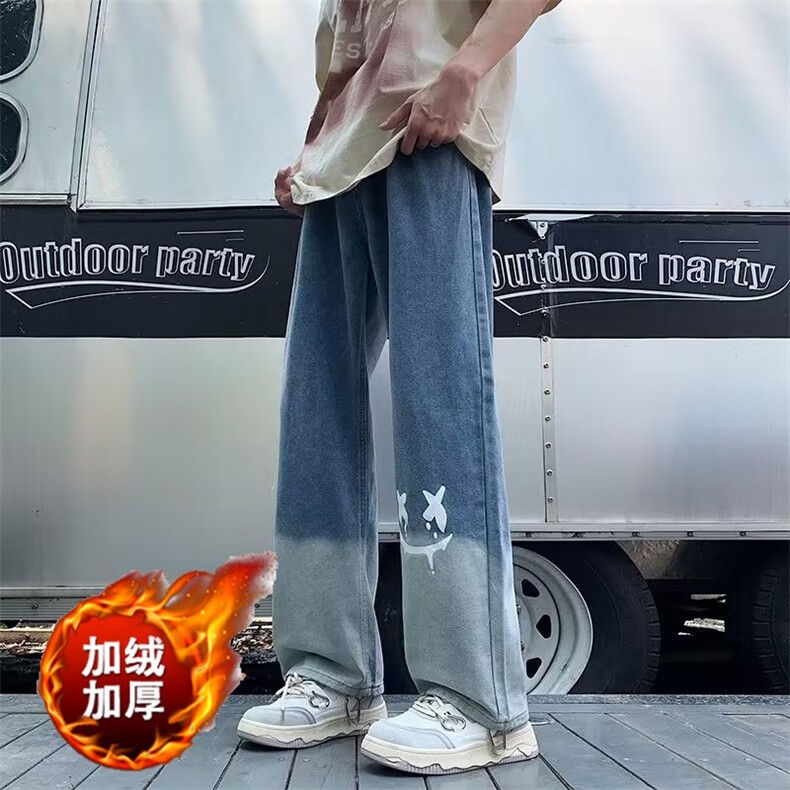 加绒加厚新款渐变牛仔裤男高街潮笑脸涂鸦复古牛仔裤宽松,男装牛仔裤,星座506A