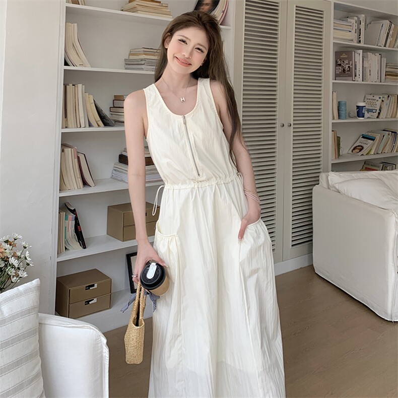 2025夏季复古小众拉链式抽绳收腰显瘦大口袋背心连衣裙女DJ6838,女装连衣裙,蝶眷