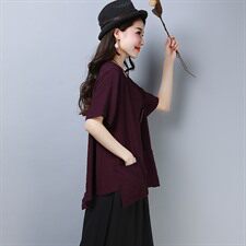 圆领口袋2021年夏季短袖中长款宽松舒适显瘦T恤套头，女装T恤，雪樱依海