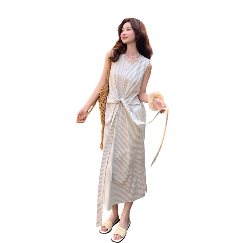 法式披肩收腰条纹无袖背心连衣裙女夏2025新款长裙独特漂亮高级感,女装连衣裙,浙宝220