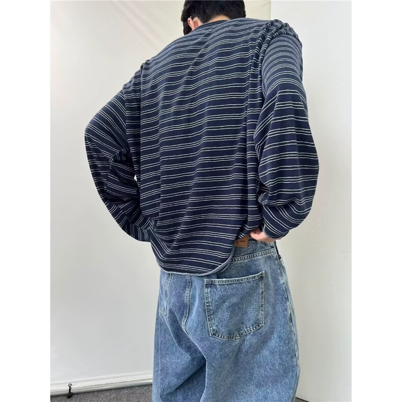T91-P38早秋季慵懒风复古百搭宽松毛边圆领条纹长袖T恤打底衫,男装T恤,电商B323A
