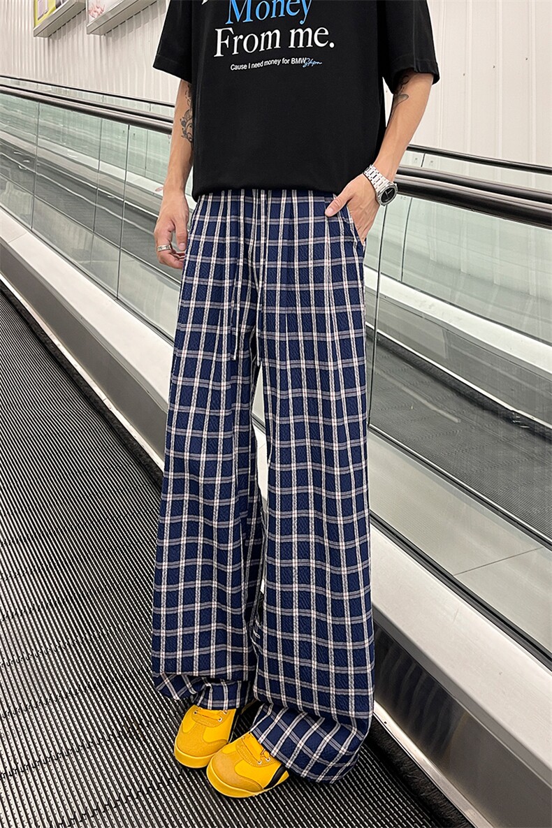 复古蓝色格子裤港风宽松阔腿拖地休闲裤男女5X1059-TP2549,男装休闲裤,电商A102