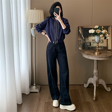 时尚女秋冬季加绒连帽卫衣牛仔长裤套装显瘦高腰直筒裤休闲百搭两件套，女装套装/套裙，江南