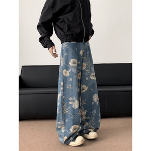 设计感微喇花卉涂鸦牛仔长裤男女高街小众宽松阔腿潮牌裤N789-P50,穿什么搭配黑短袖男图片