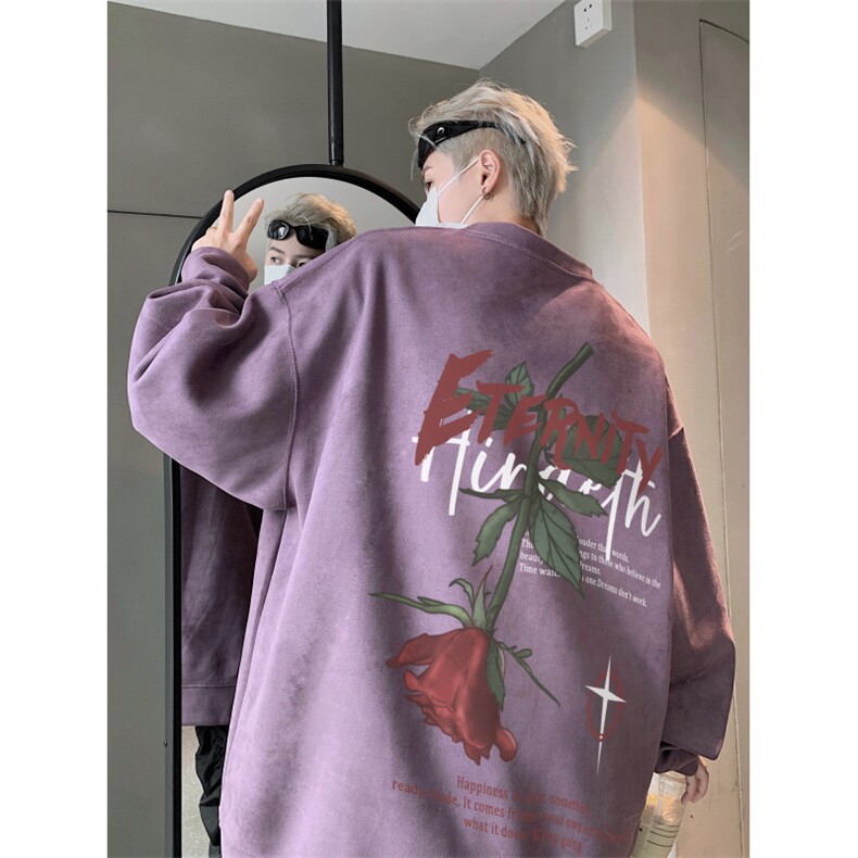 抖音得物高品质玫瑰印花麂皮绒宽松圆领卫衣wyjp5003-特p35控69,男装卫衣,星座605(原A050)