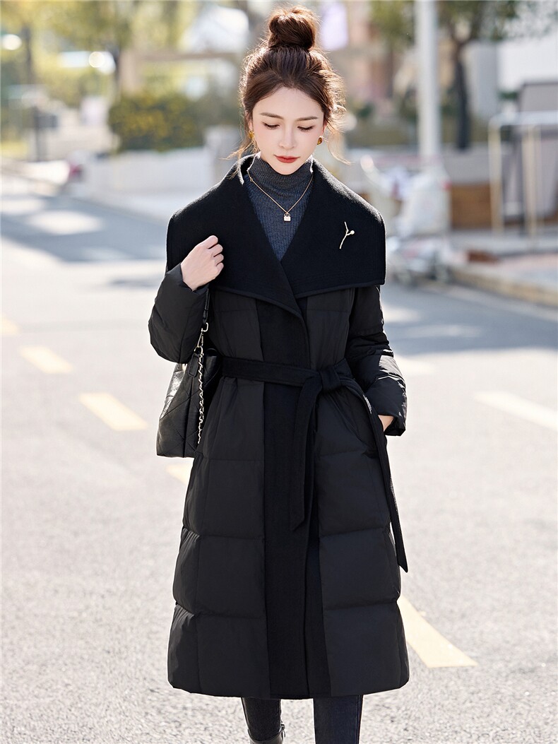 现货（bao'kuan）加长款2025冬装新款简约时尚羊毛大翻领羽绒服,女装羽绒服,沁沁公主