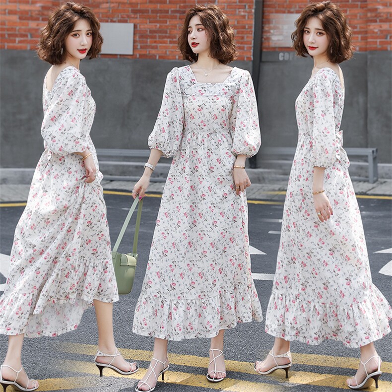 时尚潮流舒适连衣裙中长袖2021年夏季长款休闲甜美收腰显瘦连衣裙，女装连衣裙，一安秀