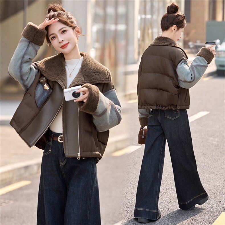 牛仔拼接短款羽绒服女2025冬季新款翻领加厚保暖羽绒外套图片