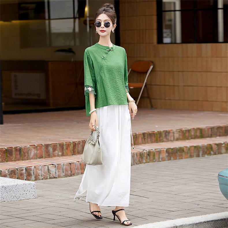 新中式国风棉麻套装裙女2025夏季新款刺绣盘扣衬衫阔腿裙裤两件套，女装套装/套裙，涵墨