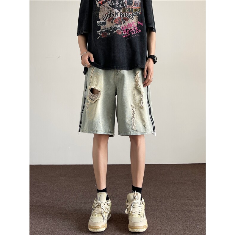黄泥染破洞牛仔短裤男款侧拉链夏季高街复古休闲五分裤FS06 P40图片