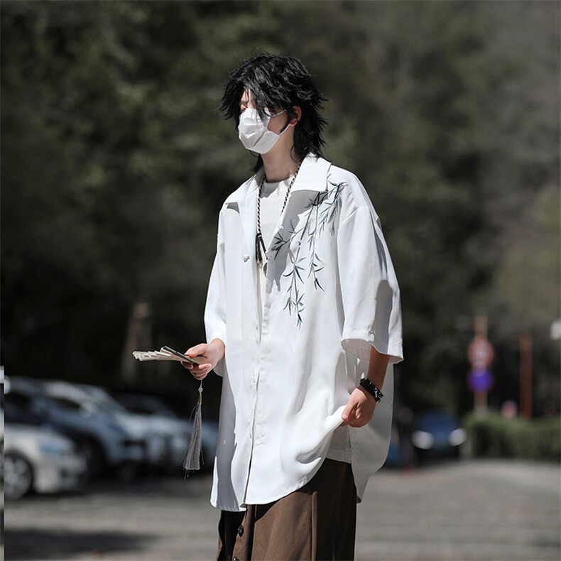 新中式轻风竹子刺绣衬衫男装夏季古风唐装套装短袖衬衣外套,男装衬衫,星座410-7