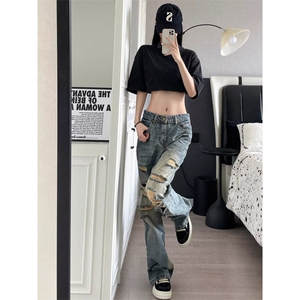 高街复古破洞牛仔裤女夏季韩版高腰显瘦小个子直筒阔腿长裤潮图片
