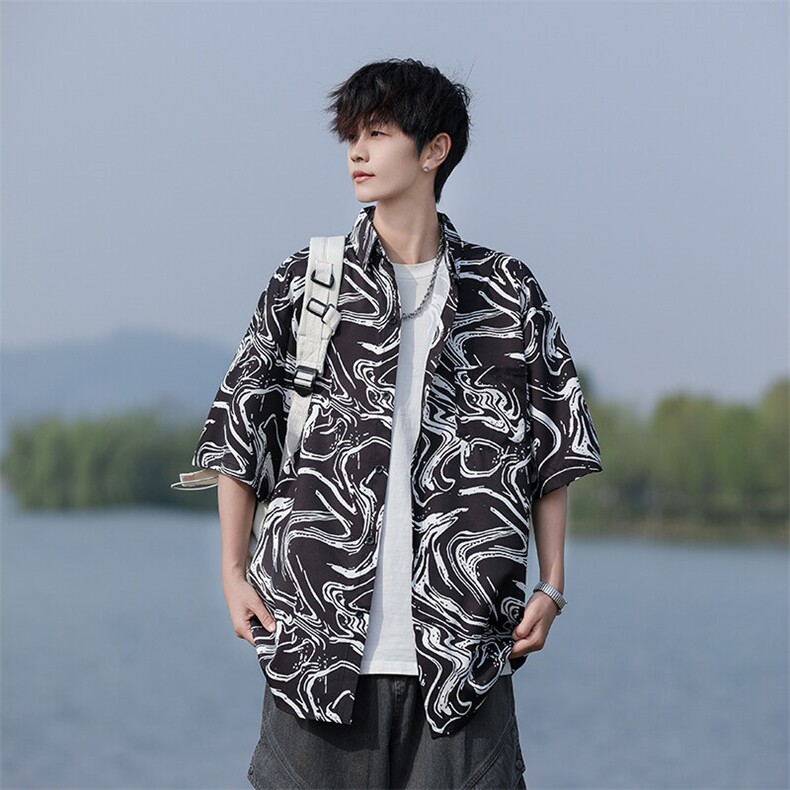 C05-P30M-7XL夏季新款大码潮牌印花短袖衬衫衬衣控58,男装衬衫,星座109