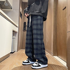 毛呢格子休闲裤男秋冬慵懒直筒裤美式复古潮牌阔腿裤K7548-P45，男装休闲裤，星座512-3