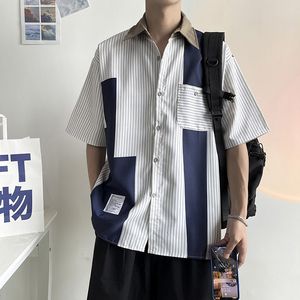 夏季条纹拼接短袖衬衫男潮牌宽松日系情侣装休闲衬衣 W7131-P34图片