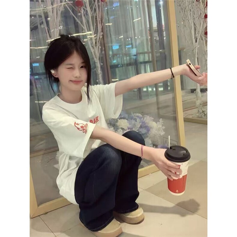 美式复古小火苗刺绣短袖T恤男女潮牌夏季新款宽松情侣上衣,男装T恤,星座1210-1