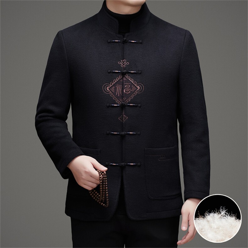 风羊毛呢羽绒服唐装男中式盘扣可脱卸羽绒内胆外套MJ597-P225图片