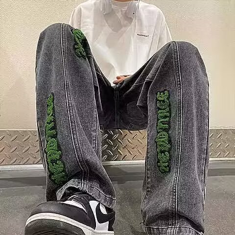 新款无品牌bf街头风嘻哈涂鸦直筒白色牛仔裤潮流简约日系百搭慵懒,男装牛仔裤,星座506A