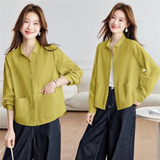 现货！2026春季新款优雅休闲时尚纯棉透气一字口袋女士翻领衬衫，女装衬衫，木子恋