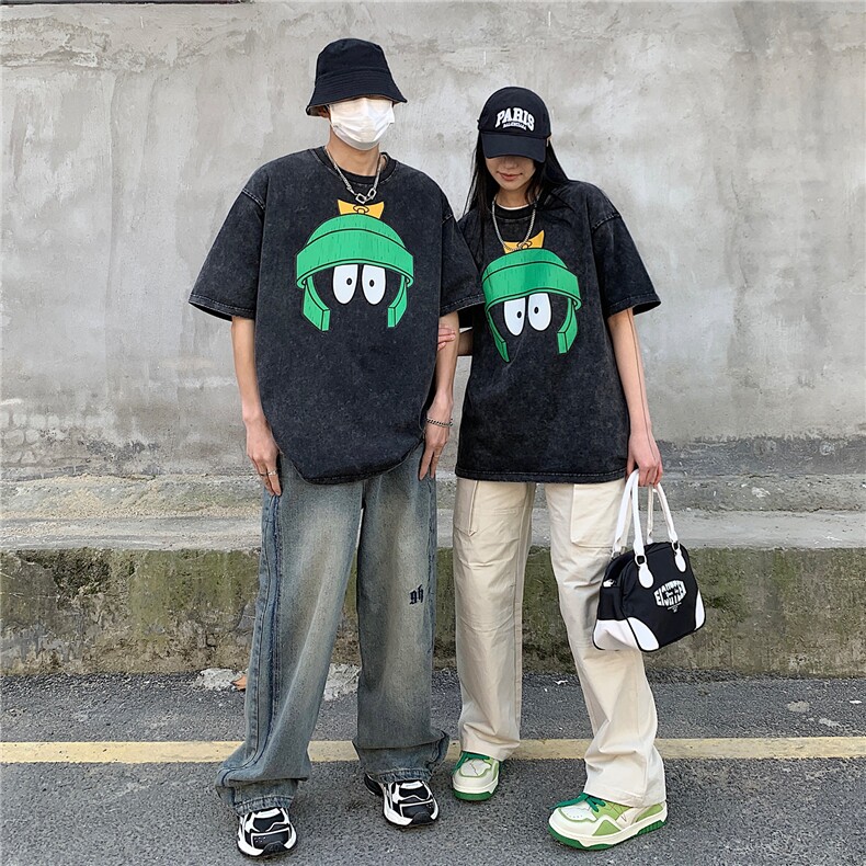 情侣装高街美式水洗印花圆领宽松短袖T恤男半袖潮 D243 P38男类图片
