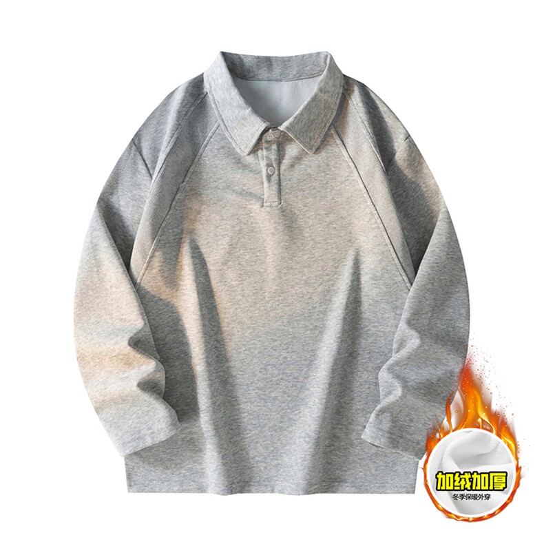 抖音得物高品质美式高街重磅曼巴棉结构螺纹拼接翻领卫衣长袖T恤，男装T恤，电商A486-1