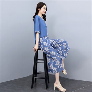 天丝牛仔套装女夏装2024年新款时尚女装休闲气质印花阔腿裤两件套图片