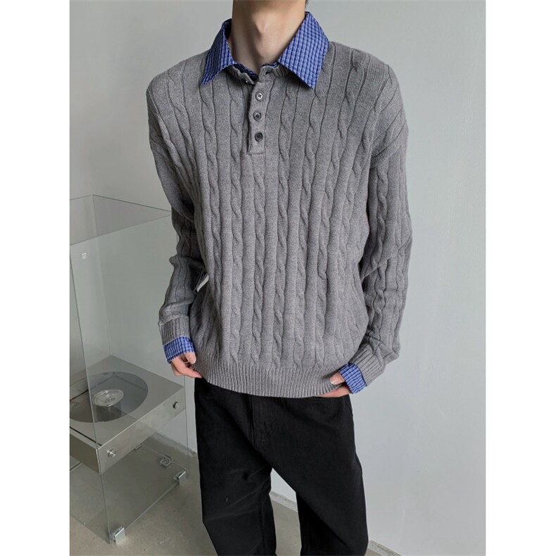 现货假两件衬衫领毛衣翻领针织衫M8612-P70,男装针织衫/毛衣,星座1212