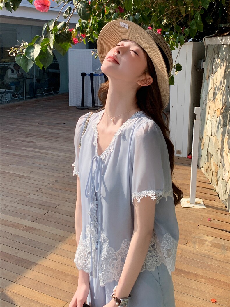 法式气质蕾丝拼接套装女2026夏季新款高级感时髦洋气阔腿裤两件套,女装套装/套裙,衣秀之家